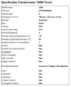  Lightpro Transformator 100W Touch 225A Accessoires A. van Elk BV